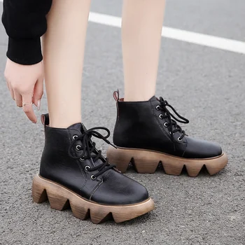 

Women Leather Ankle Boots 2020 Woman Autumn Lace Up Platform Women's Fashion Ladies Non Slip Footwear Female Shoes Plus Size