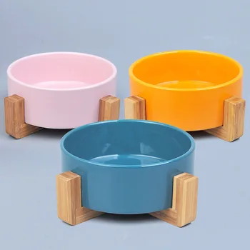 

New Cat Ceramic Bowl Pet Food Water Bowls Ceramic Bowl Feeders with Wooden Stand Cat Food Bowls Pet Supplies