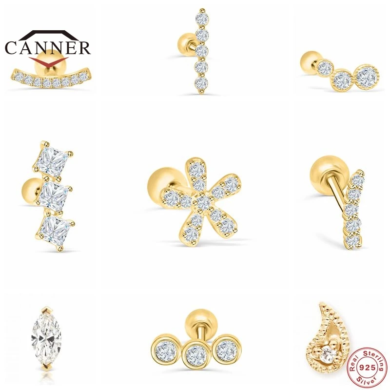 

CANNER Real 925 Sterling Silver Stud Earrings for Women Crystal Zircon Piercing Earring Gold Color Earings Jewelry pendientes