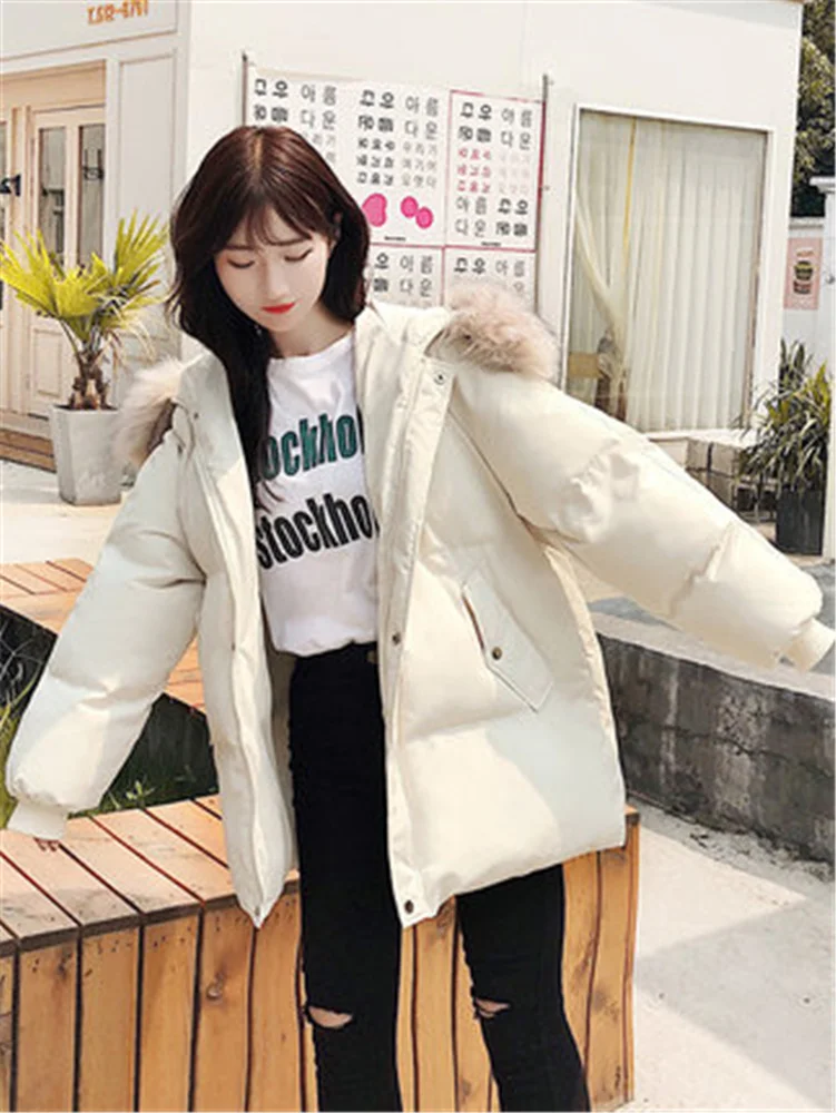 

Зимняя женская куртка, новинка 2021, парки, теплые куртки с капюшоном, шикарное хлопковое пальто с меховым воротником, повседневные свободные пальто, корейская мода Y448