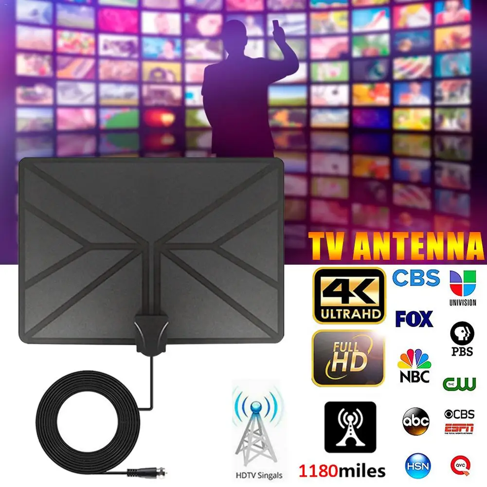 Горячая 1180 Miles 4K цифровая HD ТВ внутренняя телевизионная антенна с антенный усилитель тв радиус прибой лиса антенна HD ТВ антенны воздушные - Color: Black