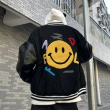 Hip Hop Jacket Men Baseball Coats Bomber Furry Smiley Patchwork Color Block Casual Jacket Womens Harajuku Fashion Streetwear Men