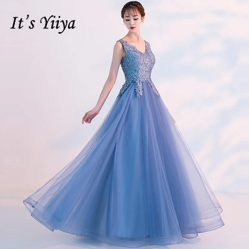 Bridesmaid Dresses It's Yiiya AR276 Blue V-neck Sleevelss Wedding Guest Dress Lace Applqiues Long Special Occasion Dresses