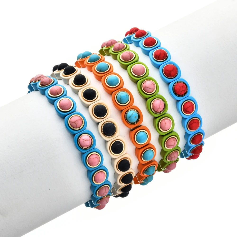 

5 Colors Natural Stone Beads Bracelet For Women Men Colorful Stackable Elasticity Enamel Tile Bracelets For Women Jewelry Gifts