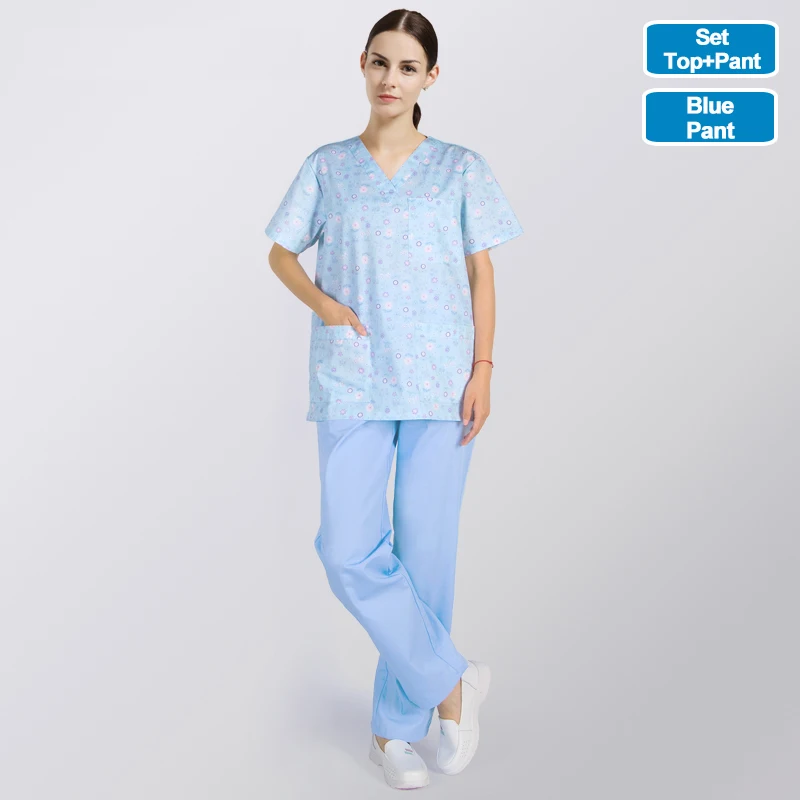 DieLianHua-Set-Blue Анно медицинские халаты комплект форменной одежды для медицинского персонала с мультяшным котом ветеринарный Костюмы стоматологическая клиника медсестра костюм Для женщин Для мужчин хирургический костюм - Цвет: DieLianHua-Set-Blue