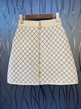 

2020 Early Autumn New Women's Elastic Waist A- line Diamond Lattice Decorative Zipper All-match Skirt 814