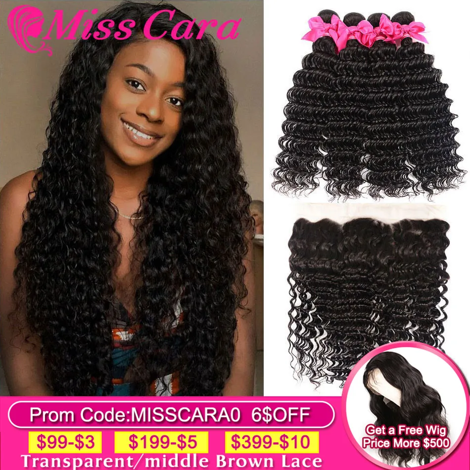 

Peruvian Deep Wave Bundles With Frontal 100% Human Hair 3/4 Bundles With Frontal Miss Cara Remy Human Hair Frontal With Bundles
