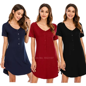 

2020 Summer New Women's Nightgown Button Closure Modal Elastic Soft Comfy Thin Night Dress Short Sleeve American Sleepwear