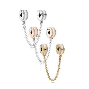 

New Fit Original Pandora S925 Sterling Silver Logo Safety Chain Charm Beads For Women Bracelet Bangles DIY Fashion Jewelry Gift