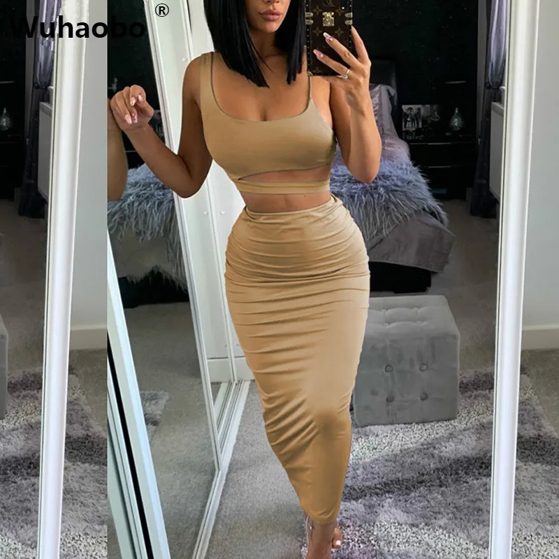 Wuhaobo Hollow Out Spaghetti Strap Club Sexy Dress Off Shoulder Midi Bodycon Party Summer Women Two Piece Sets | Женская одежда