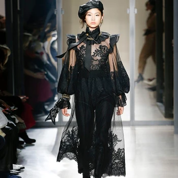 

Autumn 2019 Dress Sexy Fashion See-Through Lace Ruffles Women Full Lantern Sleeve Turtleneck Bohemian Party Dresses Wholesale