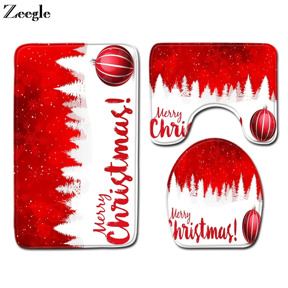 Zeegle Christmas 3pcs Bath Mat Set Anti Slip Bath Floor Mat Bathroom Doormat Absorbent Toilet Pedestal Rug Foot Mat Toilet Set