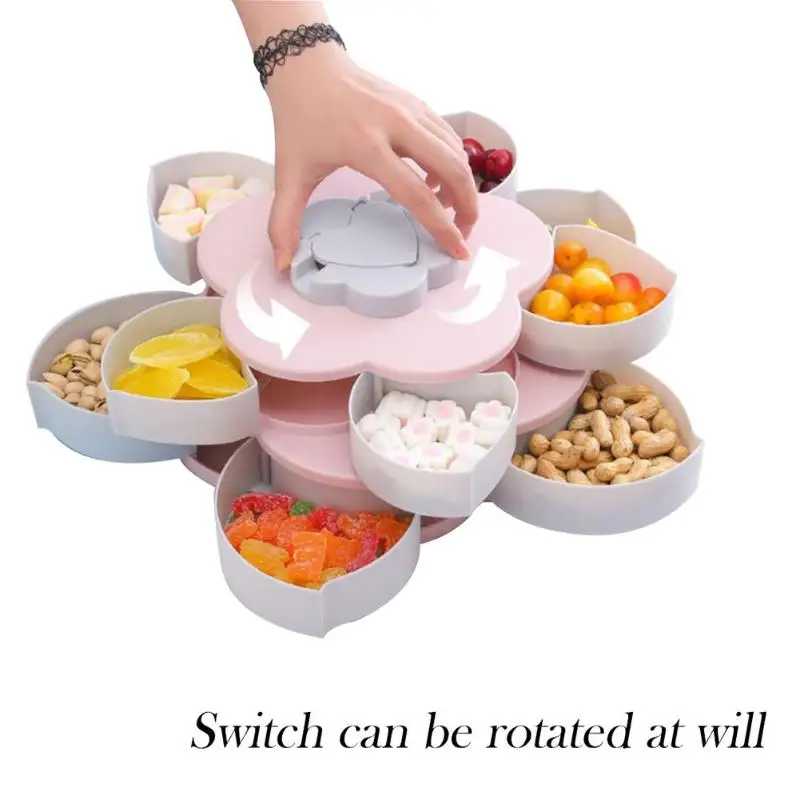 

Colorful Flower Design Double-deck Rotary Storage Box Fruit Snack Candy Organizer Box For Food Container Storage Bins