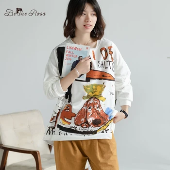 

BelineRosa Kawaii Character Printing Long Sleeve Cotton Shirts Loose Style Autumn Female T-shirts JJDM0113