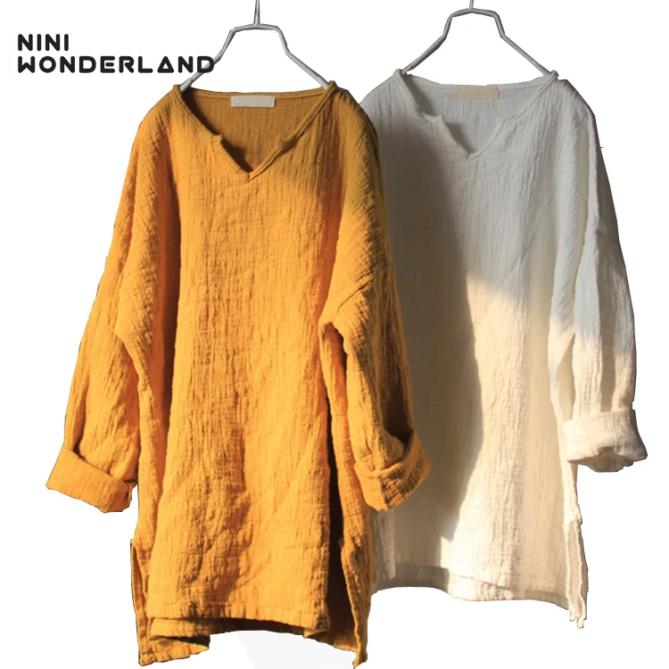 

NINI WONDERLAND Spring Long Sleeve Shirts Autumn Solid Color Cotton Linen Blouse 2023 Women Female V-collar Loose Casual Clothes