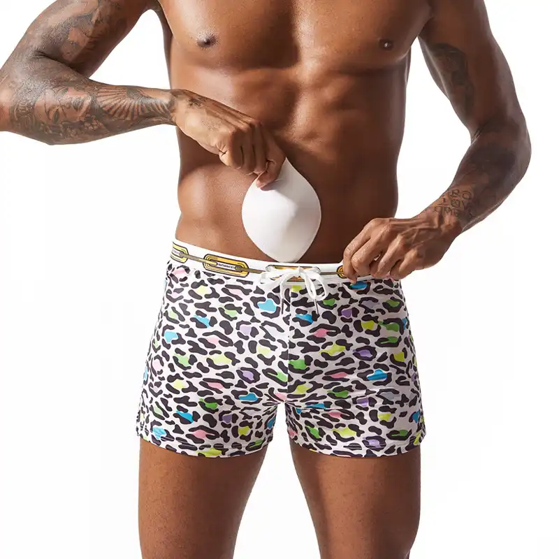 mens leopard print swim trunks