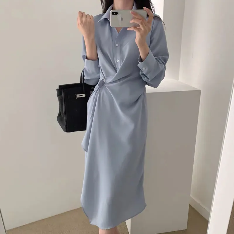 

iMucci 2020 Summer Fashion Female Temperament Bandage Waist Personality Long Sleeve Loose Solid Color Lapel Shirt DressTM1793