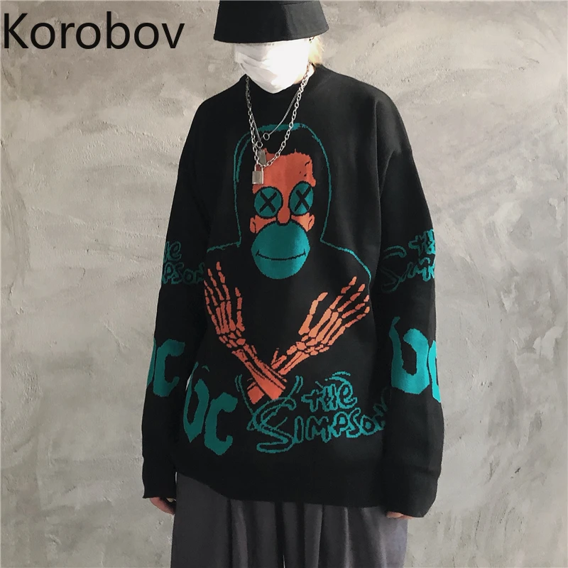 Korobov Harajuku, мультяшный вязаный жаккардовый женский свитер, уличная одежда в стиле хип-хоп, Sueter Mujer, уличные пуловеры 79326