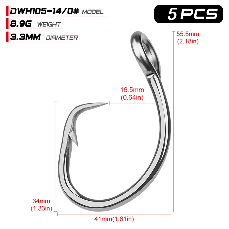 PROBEROS 5Pcs/lot Saltwater Fishing Hooks Circle Hooks 11/0-12/0-13/0-14/0-15/0-16/0#  Stainless Steel Jigging Fishhooks