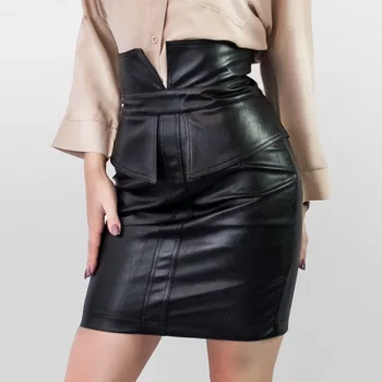 

Women's High Waist Pu Leather Skirts 2019 Autumn New Casual Wild Skirts Female Fashion Spliced Imitation Leather Skirts D516