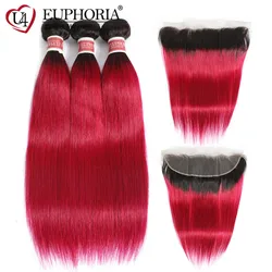 Straight Hair Bundles With Lace Frontal 13x4 Ombre Burg Red 99J Brazilian Remy Human Hair 3 Bundles With Closure FrontalEUPHORIA