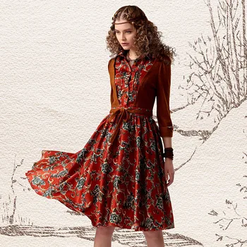 

Original Design AIGYPTOS Spring Autumn Women Vintage Dresses Elegant Slim Knitted Patchwork Print Fake Two Pieces Satin Dresses