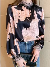  Chikichi Blouse Women Hook Flower Hollow Stand Collar 2021 Spring New Printed Top Silk Shirt Vintage Long Sleeve 