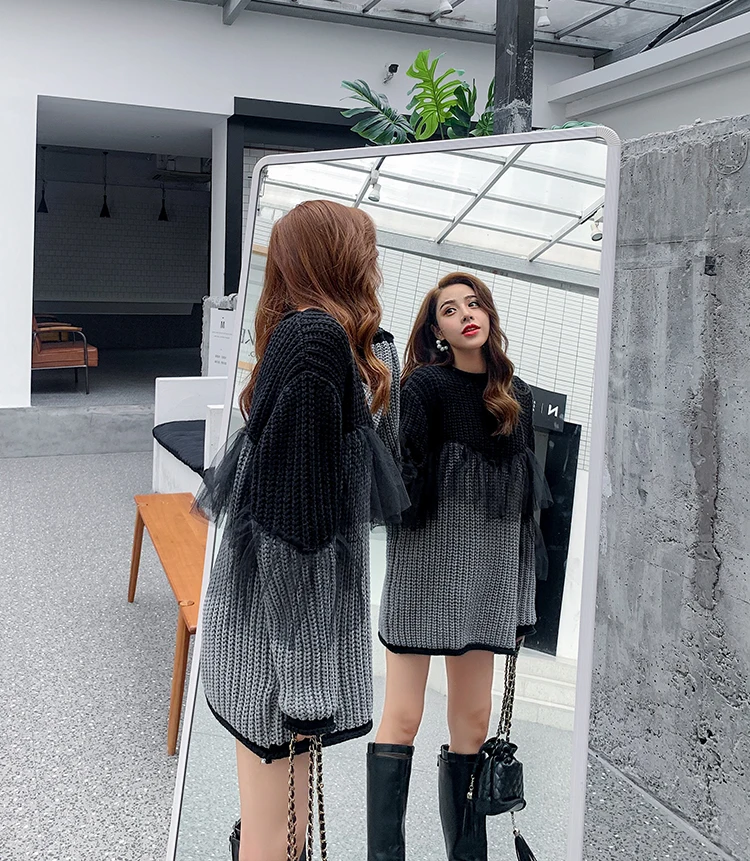 Новинка осени, корейский кружевной свитер в стиле пэчворк, Женский Длинный свитер контрастного цвета, женская дизайнерская рубашка