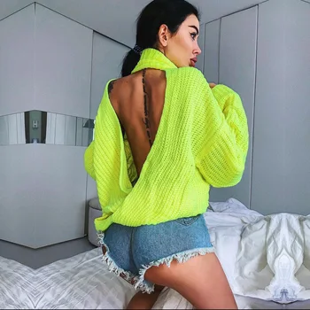 

Open back cross sexy sweater autumn winter women's design jacket long-sleeved loose turtleneck sweater female Pull femme hiver