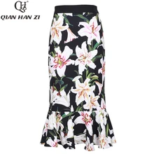 Qian Han Zi Осенняя повседневная юбка женская с завышенной талией кружевная Лоскутная Розовая Лилия цветочный принт элегантная тонкая Русалка миди юбки