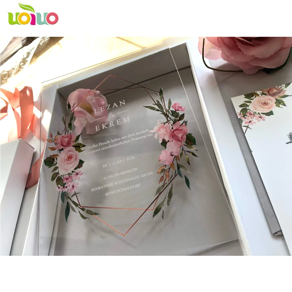 Free Shipping 10pcs Luxury High Class Romantic Acrylic Wedding Invitation Card Hot Sell,Flower Wedding Cards With Box