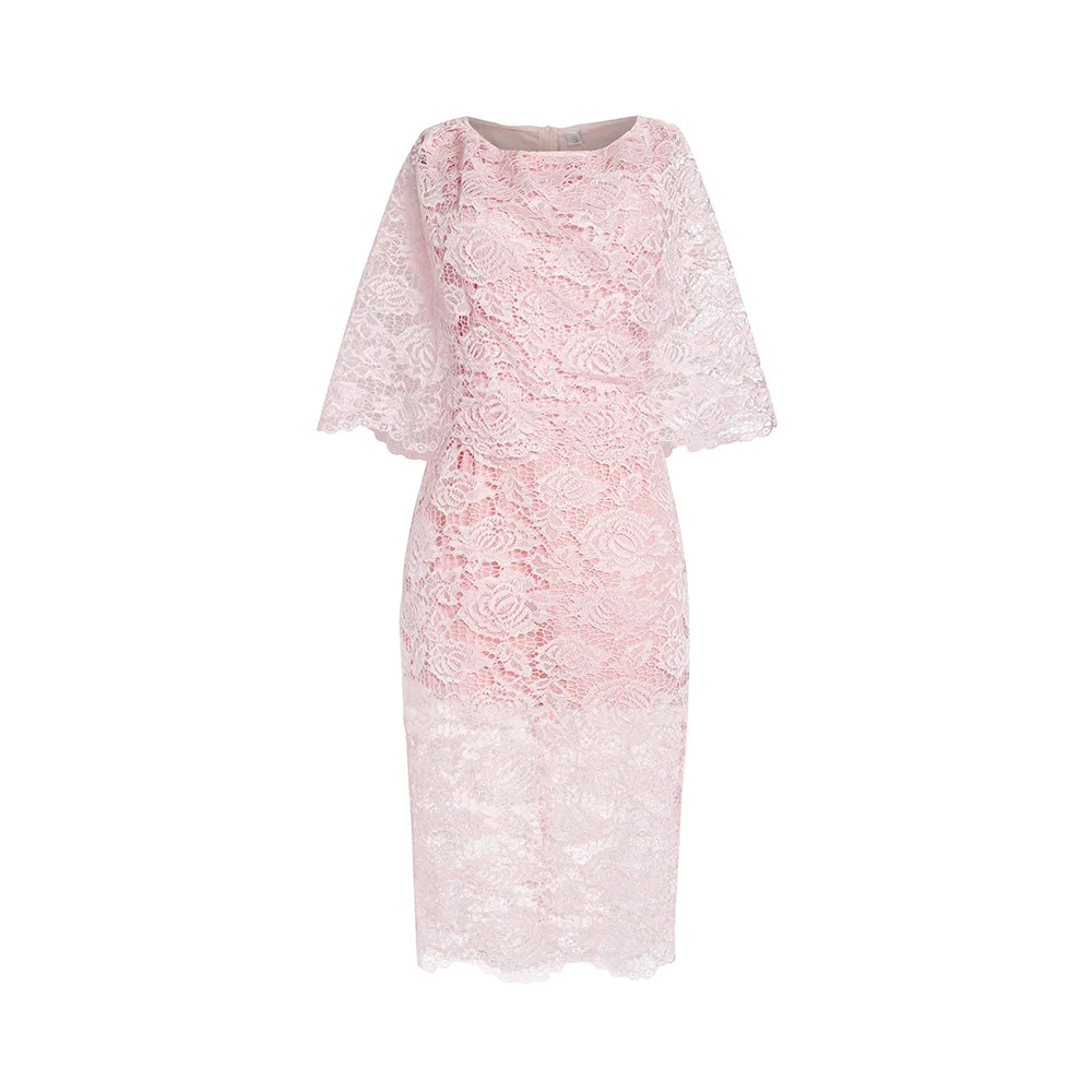 AliExpress Amazon Women's Shawl Elegant Lady Mid-Length Slim-Fit Sheath Lotus Pink Lace Dress