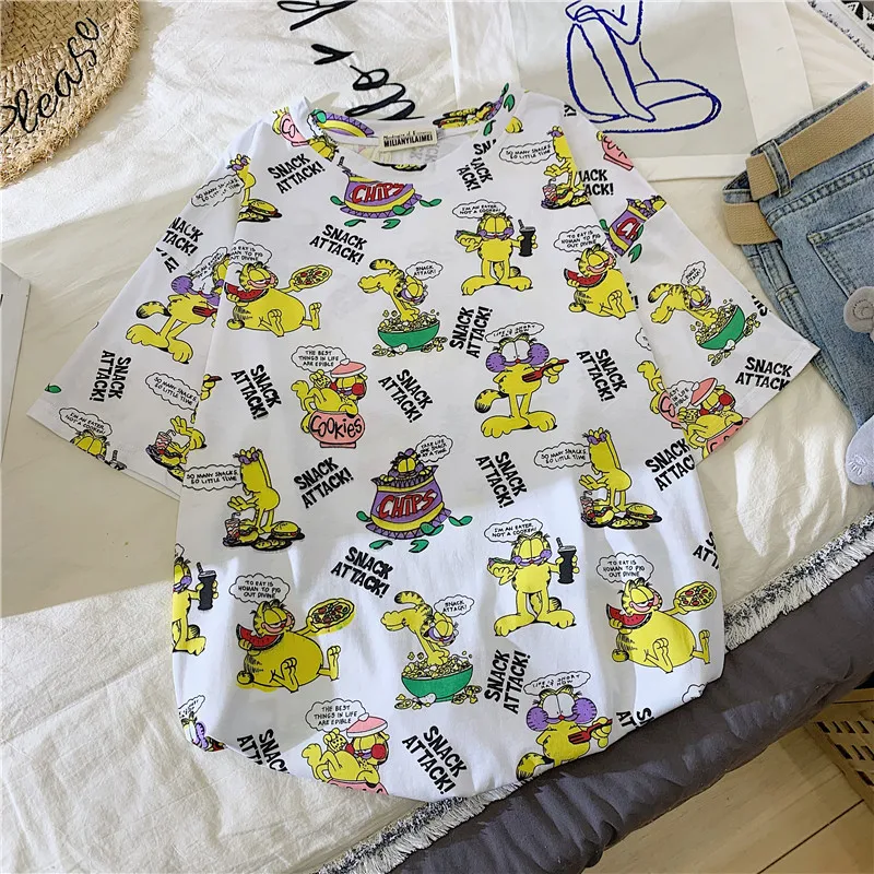 GCAROL 2020 Spring Summer Women Cartoon T-shirt Oversized Graphic Stripes Graffiti Long Tees Multi-design harajuku Tops