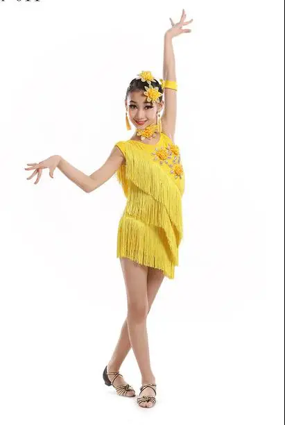 Детское платье для латиноамериканских танцев с блестками и кисточками; танцевальные платья для девочек; вечерние платья для гимнастики; одежда для сцены; Одежда для танцев - Цвет: yellow