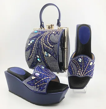 

Royal Blue Party Pumps And Bag Set African Wedge Heel Women's Slipper Shoes With Handbag MD014 Heel Height 9CM