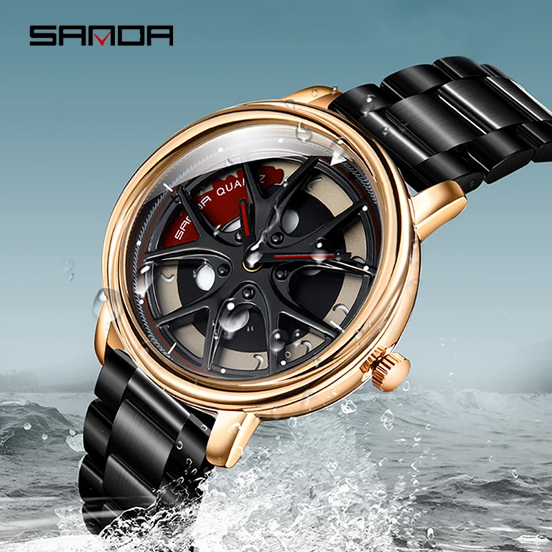 

SANDA High Quality Stainless Steel Strap Men Watch Premium Quartz Movement Wheel Shaped Rotating Dial Relogio Masculino 1025