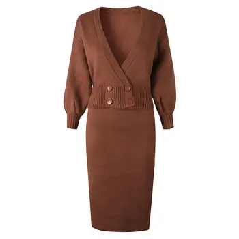 

Women Autumn Casual Sweater Top And Skirt Two Piece Suit Button Puff Sleeve Knitted Cardigan Long Skirt Sweater Suit