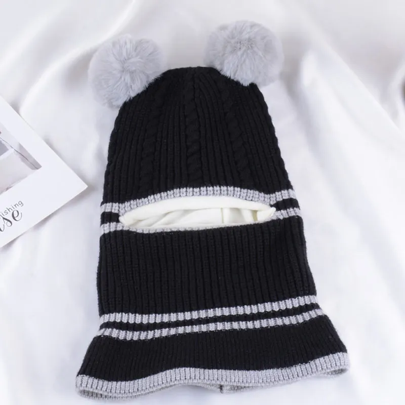 Boys Girls Pom Pom Hat Balls Baby Winter Velvet Ear Cap Kids Autumn Hooded Hat Neck Warmer Cap Thick Beanie Hats F16695CH