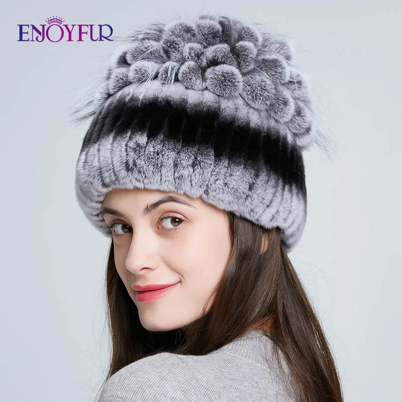 

ENJOYFUR winter Rex rabbit fur hats for women thick warm cap top knitted flower shape Russian female fur hat