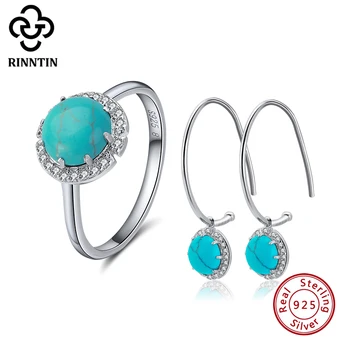 

Rinntin 925 Sterling Silver Women Turquoise Earrings Rings Sets Wedding Engagement Silver Fine Jewelry Set TSS31-V