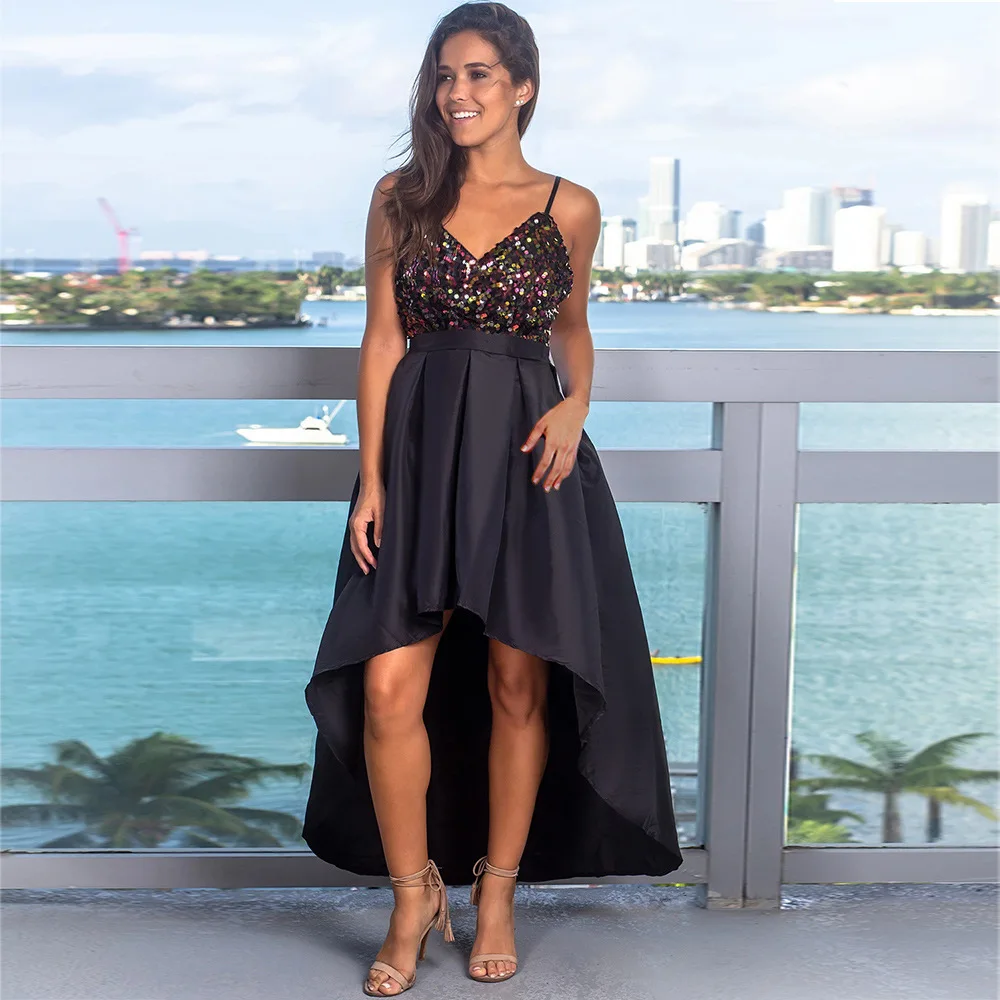 Sexy Prom Dresses Sequined Asymmetrical Deep V-Neck Spaghetti Straps Backless Sparkle Evening Party Gowns Vestidos De Gala 2020