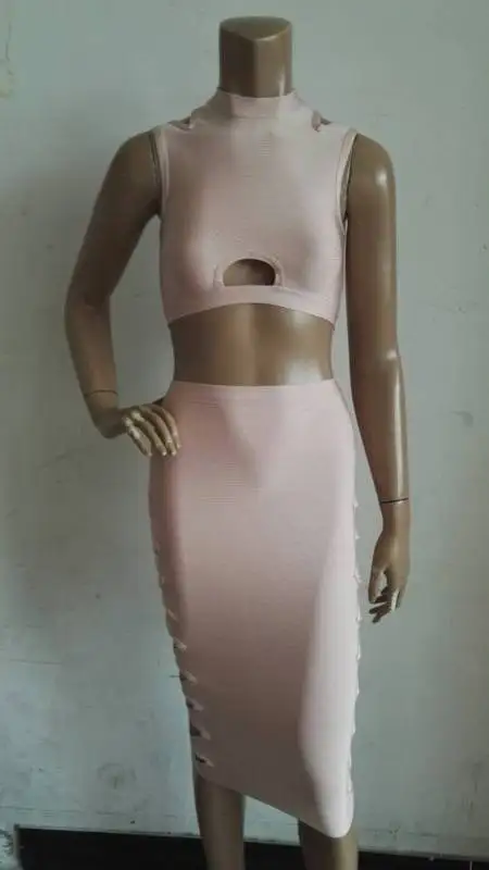 

Sexy 2 Piece Outfits for Women New Arrival 2017 Nude Rayon Cut Out Bandage Dress Party Dress Wholesale