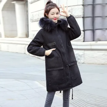 

Winter Women Jean Jacket Fur Lining Denim Coats For Women Plus Size Hooded Parkas 2019 New Female Warm Denim Long Outwear JIA492