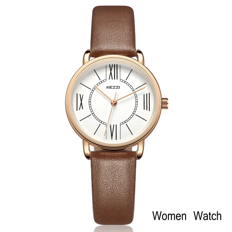 KEZZI, кожаные часы для влюбленных, элегантные, с римскими цифрами, черные, водонепроницаемые, пара часов, подарки для мужчин и женщин, часы, Relojes Para Pareja - Цвет: Brown women watch