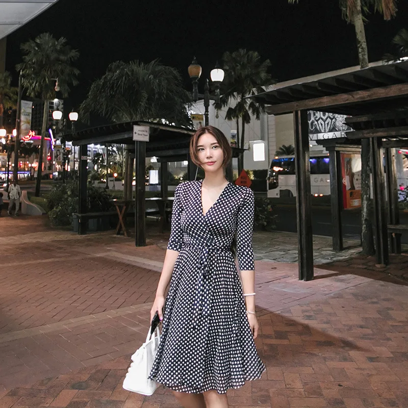 

Summer new ladies dress sweet love print 3/4 sleeve fairy temperament skirt V-neck casual mid-length skirt
