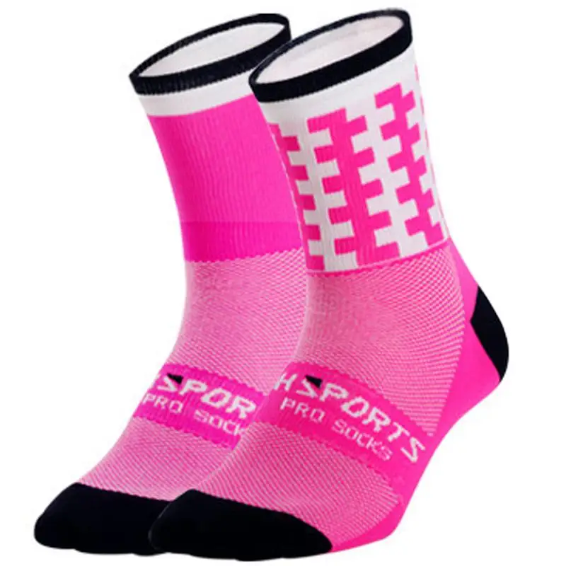 Спортивные носки для гонок, пеших прогулок, MTB, шоссейного велосипеда, велосипедные носки, дышащие Хлопковые гольфы, велосипедные носки с геометрическими узорами - Цвет: Pink