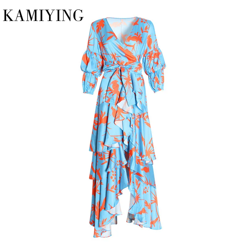 

2019 Summer New Arrival Print Dress For Women V Neck Puff Sleeve High Waist Bowknot Bandages Ruffles Dresses