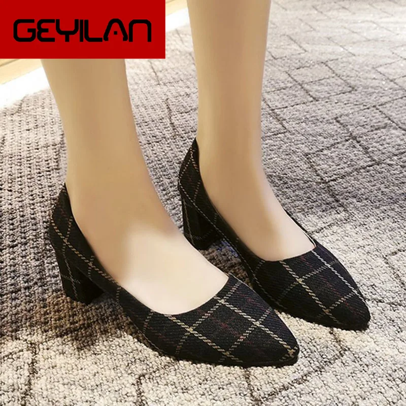 

2020 Women Spring Square High Heels Shoe Woman Classic Slip On Casual Ladies pointed Toe Soft PU Fashion Female Pump New