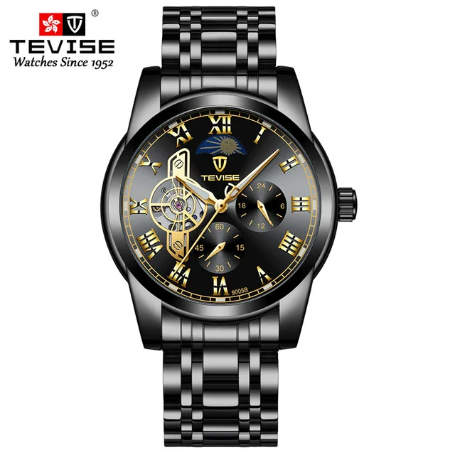 TEVISE для мужчин автоматические механические часы Moon phase нержавеющая сталь Турбийон Скелет Мужские наручные часы Топ люксовый бренд - Цвет: black