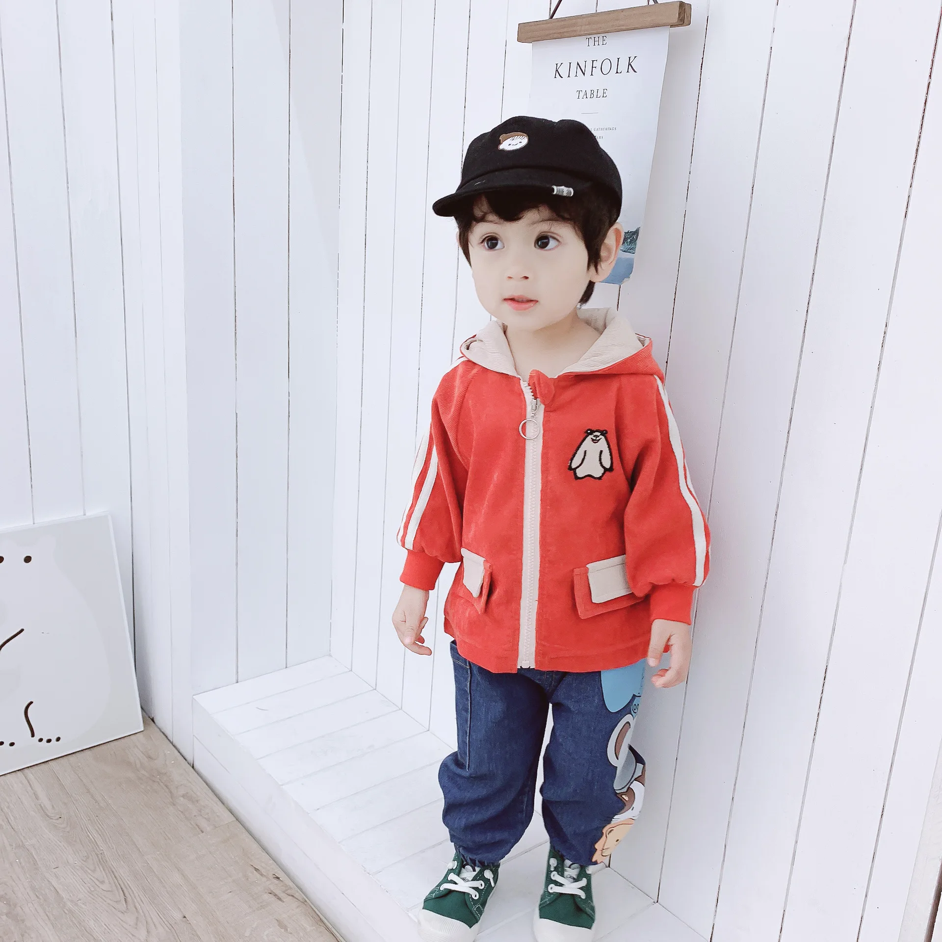 

CHILDREN'S Suit Spring New Style Fashion BOY'S Baby Hooded Zipper Contrast Color Coat Handsome Versatile Jeans